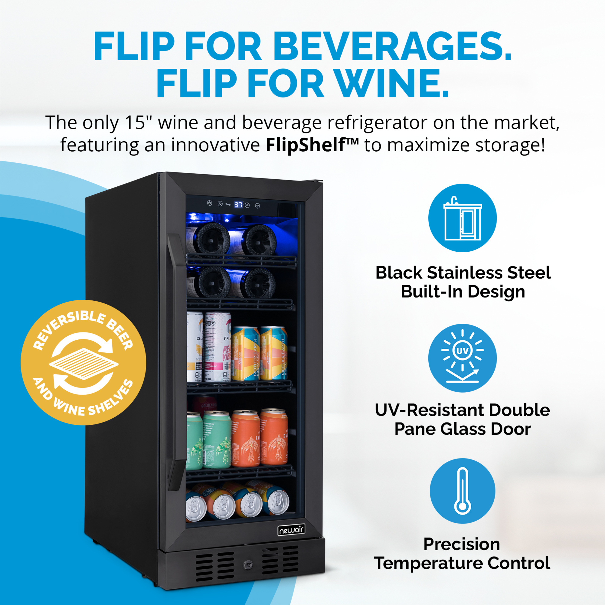 Newair, 15in. Wine Beverage Refrigerator, Black Stainless, Bottle Capacity 33 Can Capacity 80 Model# NWB060BS00